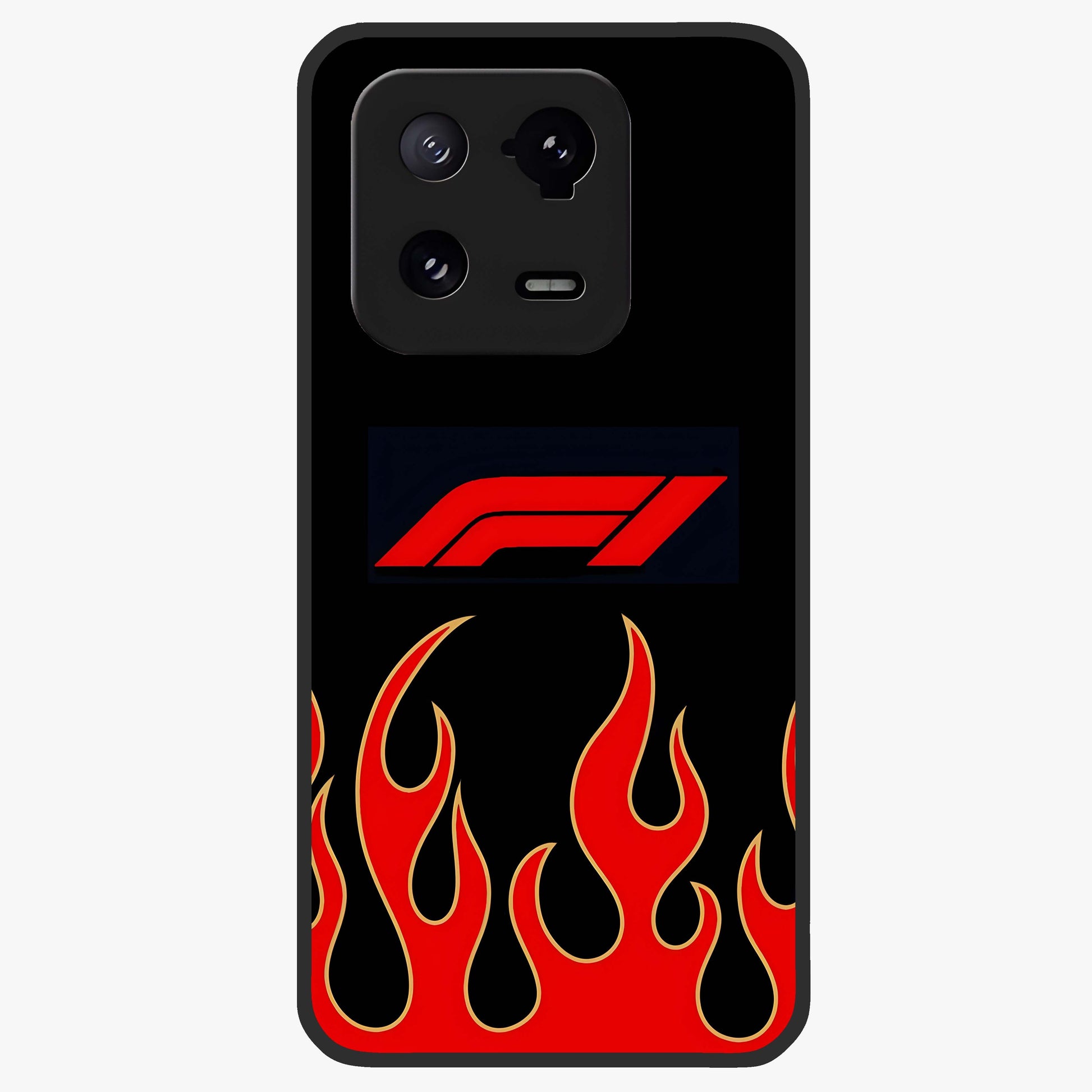 Fire F11 Glass Case showing flat back view with fiery themed artwork and glossy glass finish.