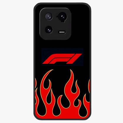 Fire F11 Glass Case showing flat back view with fiery themed artwork and glossy glass finish.