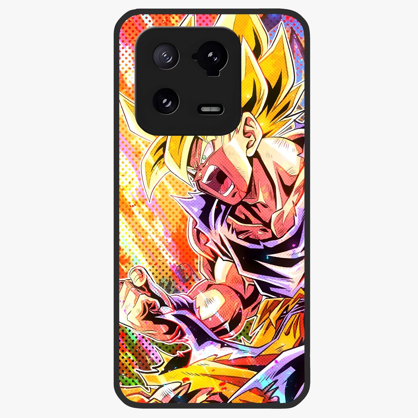 Firing Goku Glass Case showing flat back view with powerful anime inspired artwork and glossy glass finish.