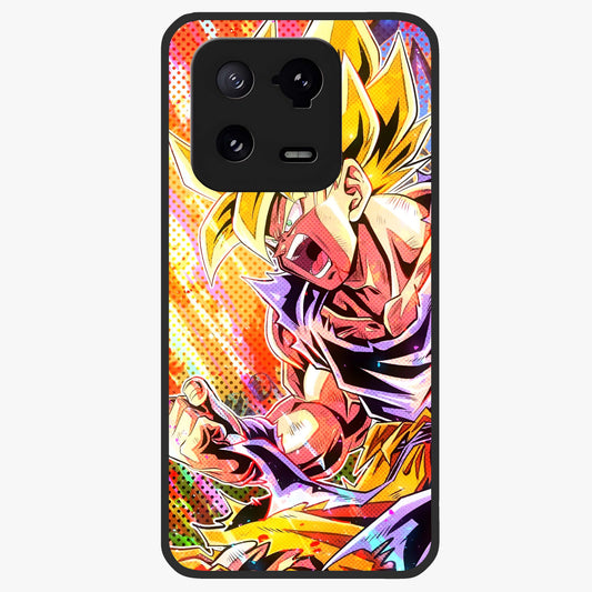 Firing Goku Glass Case showing flat back view with powerful anime inspired artwork and glossy glass finish.