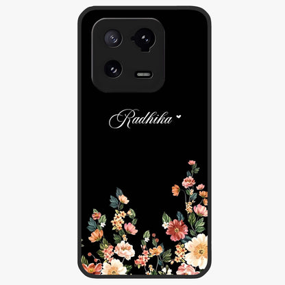 Floral Design With a Custom Personalized Name Glass Case showing flat back view with floral artwork and personalized name design.