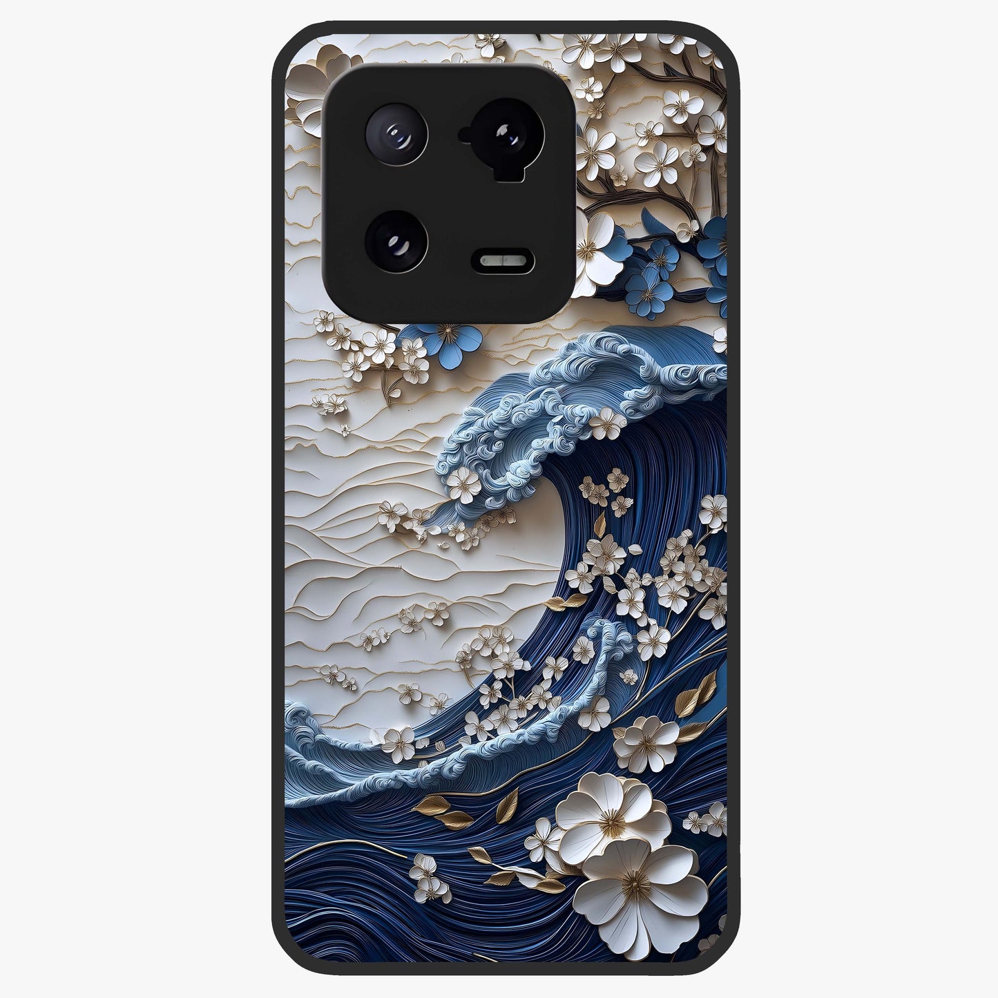 Floral Wave Origami Glass Case showing flat back view with origami inspired floral wave artwork and glossy glass finish.