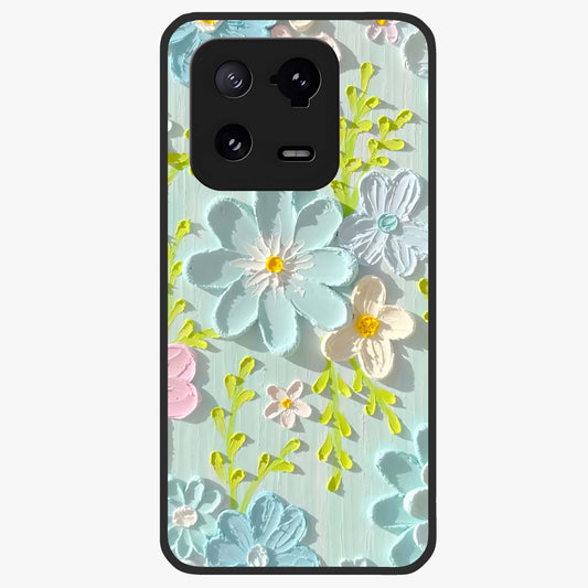 Frosted Petal Garden Glass Case showing flat back view with soft frosted floral artwork and glossy glass finish.