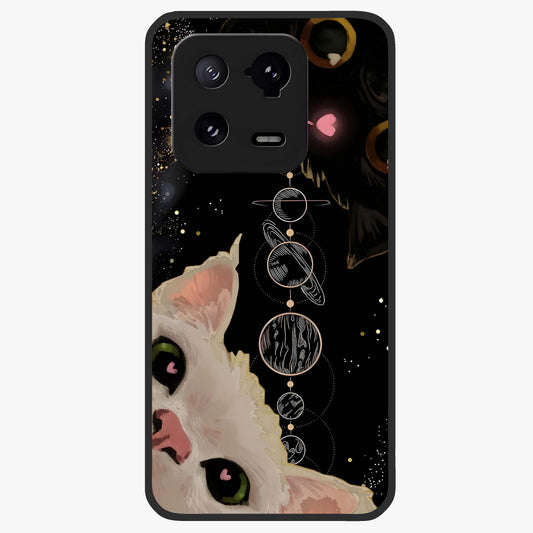 Galactic Cat Glass Case showing flat back view with cosmic cat artwork and glossy glass finish.