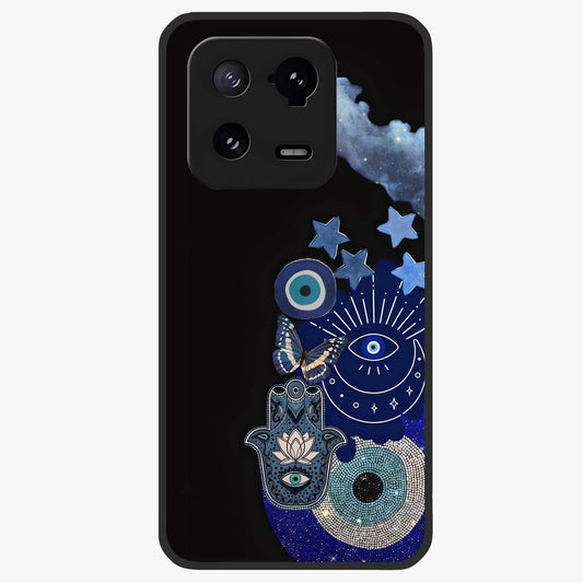 Galactic Charm Cluster Glass Case showing flat back view with glowing celestial charm artwork and glossy glass finish.