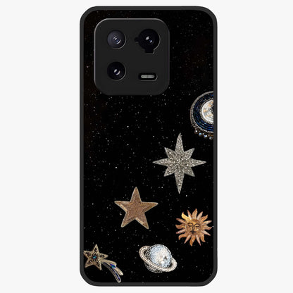 Galactic Charm Glow Glass Case showing flat back view with glowing celestial charm artwork and glossy glass finish.