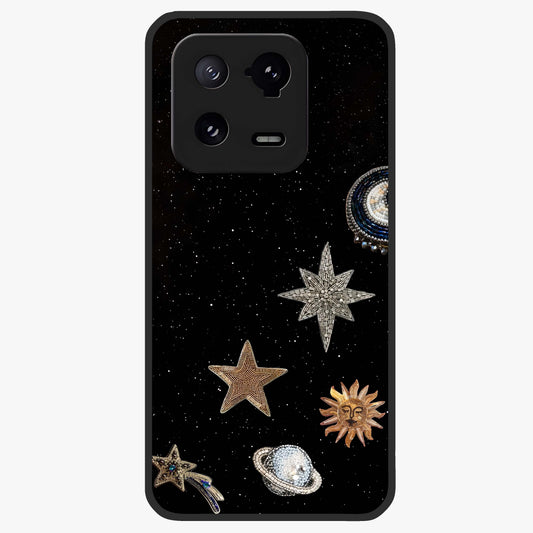 Galactic Charm Glow Glass Case showing flat back view with glowing celestial charm artwork and glossy glass finish.