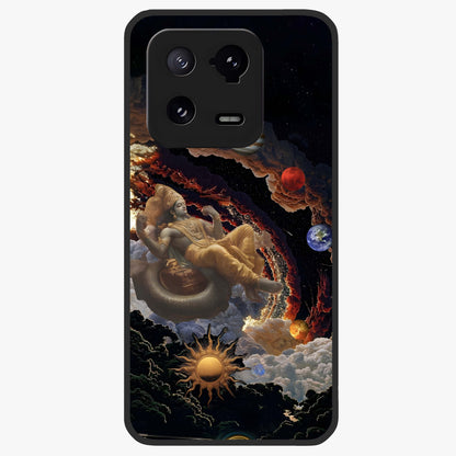 Galactic Divine God Glass Case showing flat back view with divine cosmic themed artwork and glossy glass finish.