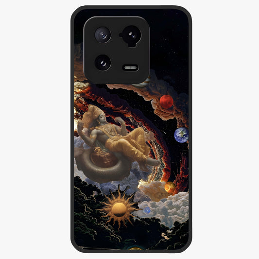 Galactic Divine God Glass Case showing flat back view with divine cosmic themed artwork and glossy glass finish.