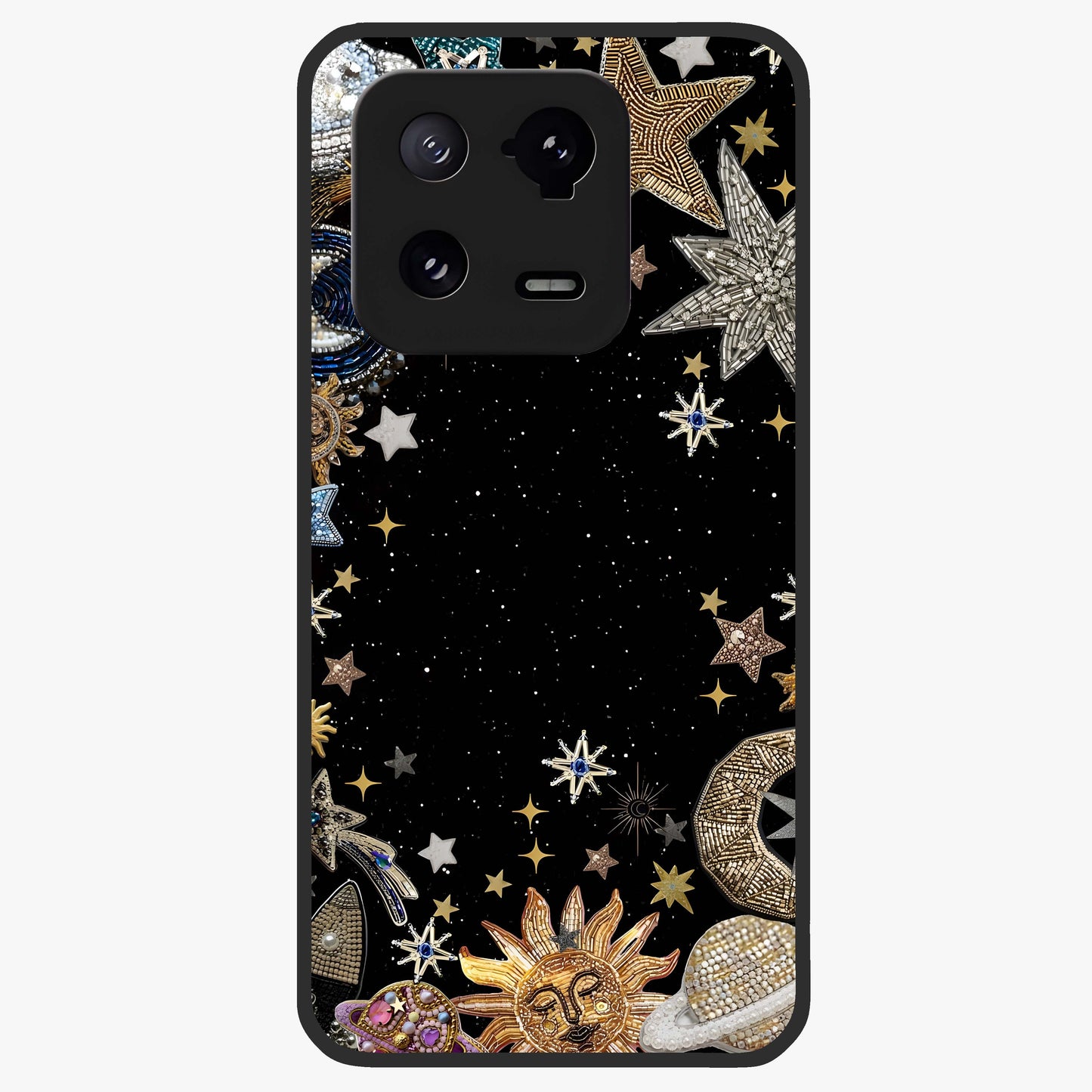 Galactic Jewel Stars Glass Case showing flat back view with sparkling star jewel artwork and glossy glass finish.