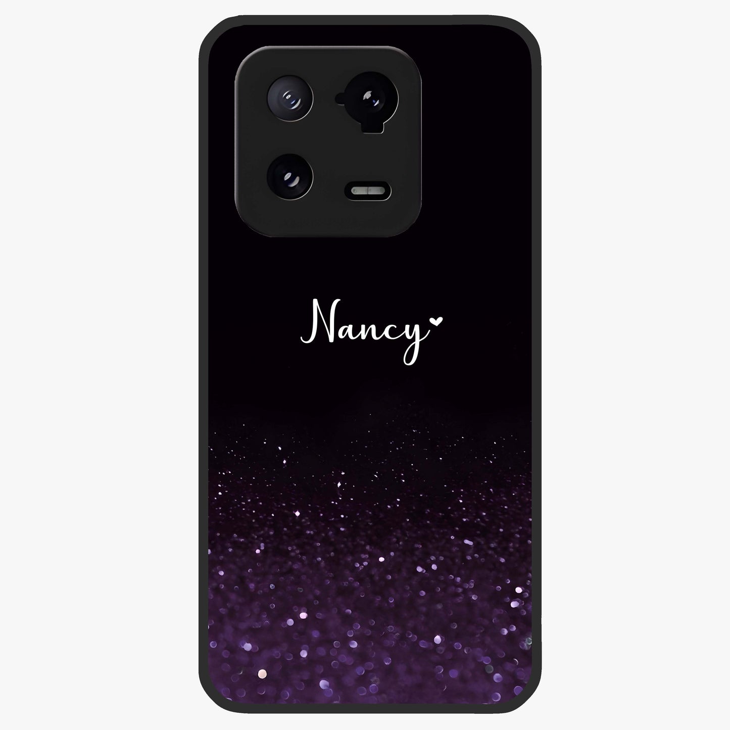 Glittery Purple Bokeh Custom Name Glass Case showing flat back view with purple bokeh sparkle artwork and personalized name design.
