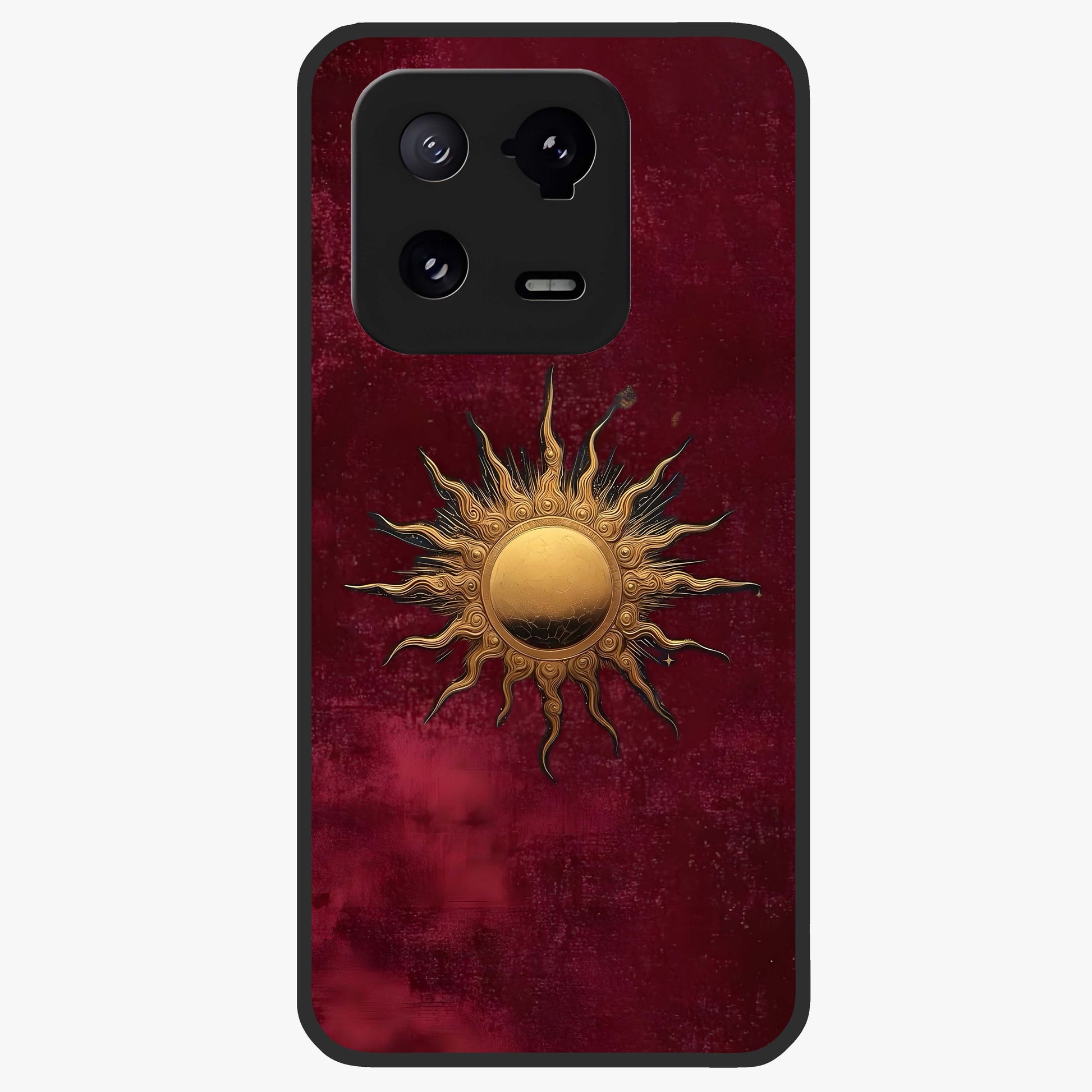 Gold Sun Blush Glass Case showing flat back view with golden sun inspired artwork and glossy glass finish.