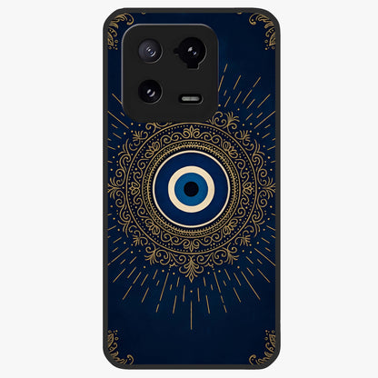 Golden Evil Eye Mandala Glass Case showing flat back view with intricate evil eye mandala artwork and glossy glass finish.