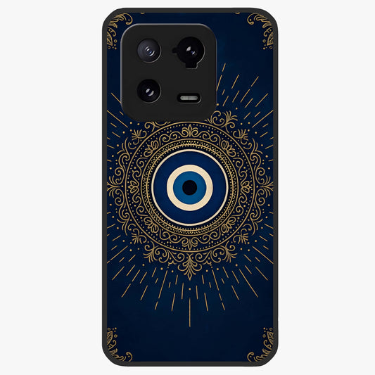 Golden Evil Eye Mandala Glass Case showing flat back view with intricate evil eye mandala artwork and glossy glass finish.