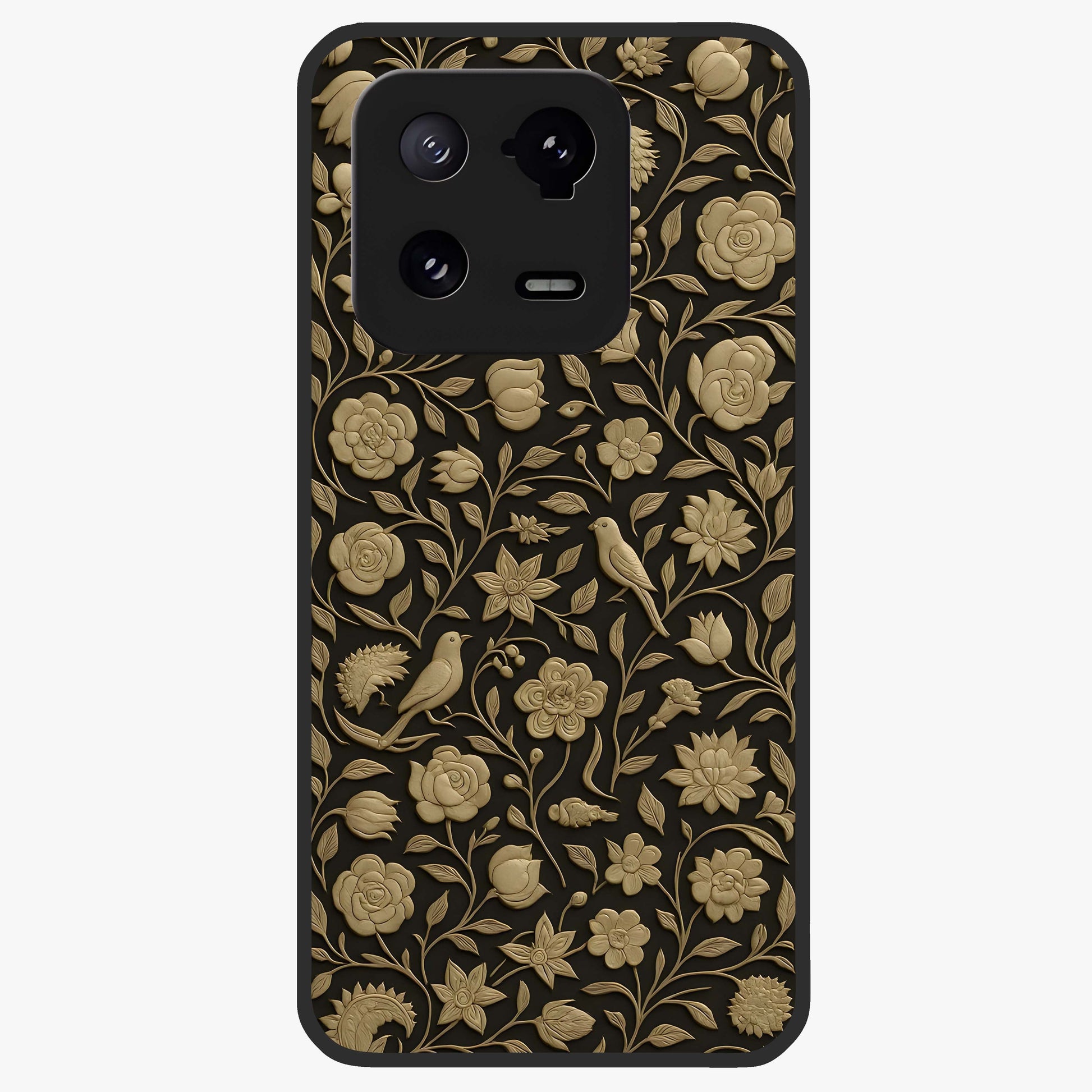 Golden Floral Majesty Glass Case showing flat back view with luxurious golden floral artwork and glossy glass finish.