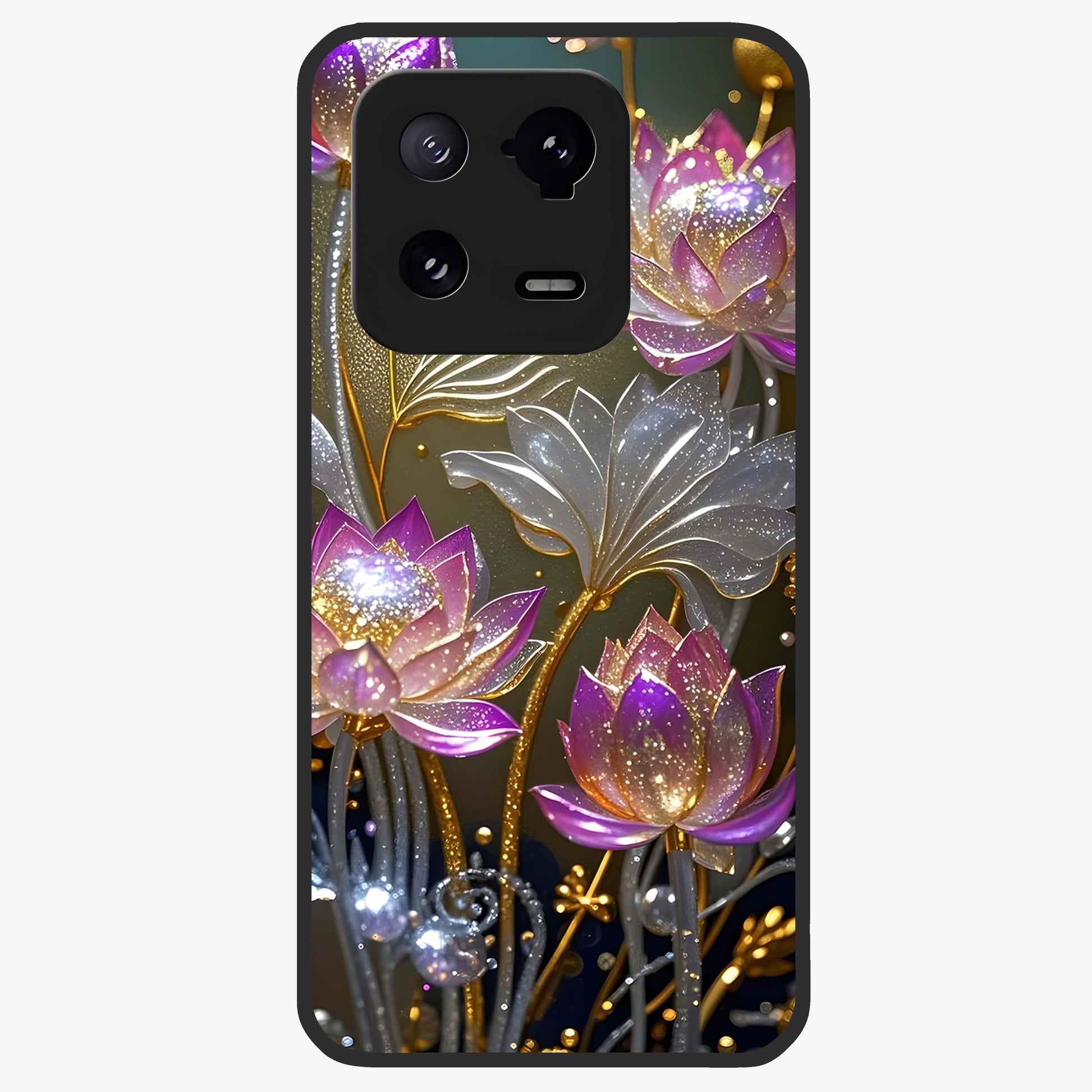 Golden Lotus Glow Glass Case showing flat back view with glowing lotus flower artwork and glossy glass finish.