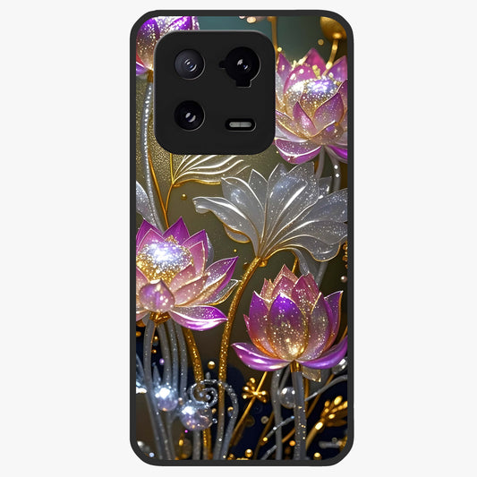 Golden Lotus Glow Glass Case showing flat back view with glowing lotus flower artwork and glossy glass finish.
