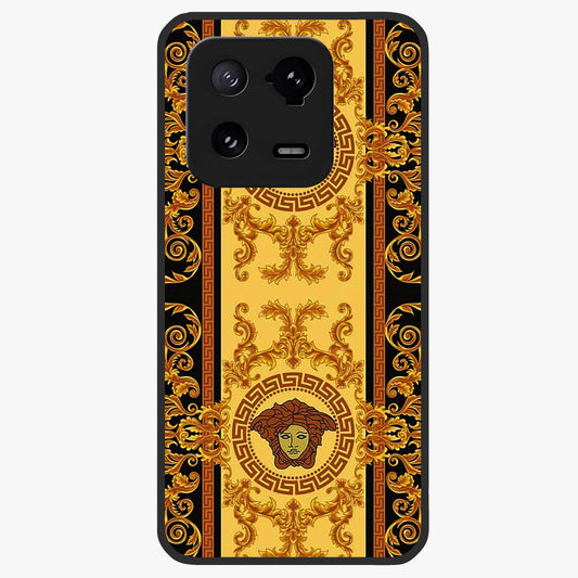 Golden Royal Heritage Glass Case showing flat back view with ornate royal pattern artwork and glossy glass finish.