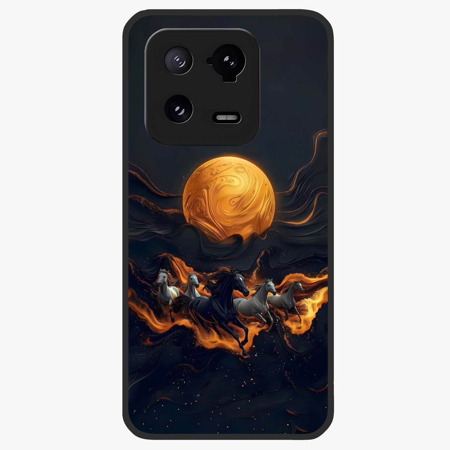 Golden Stallion Moonride Glass Case showing flat back view with majestic horse under moonlight artwork and glossy glass finish.