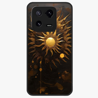 Golden Sun Majesty Glass Case showing flat back view with radiant golden sun artwork and glossy glass finish.