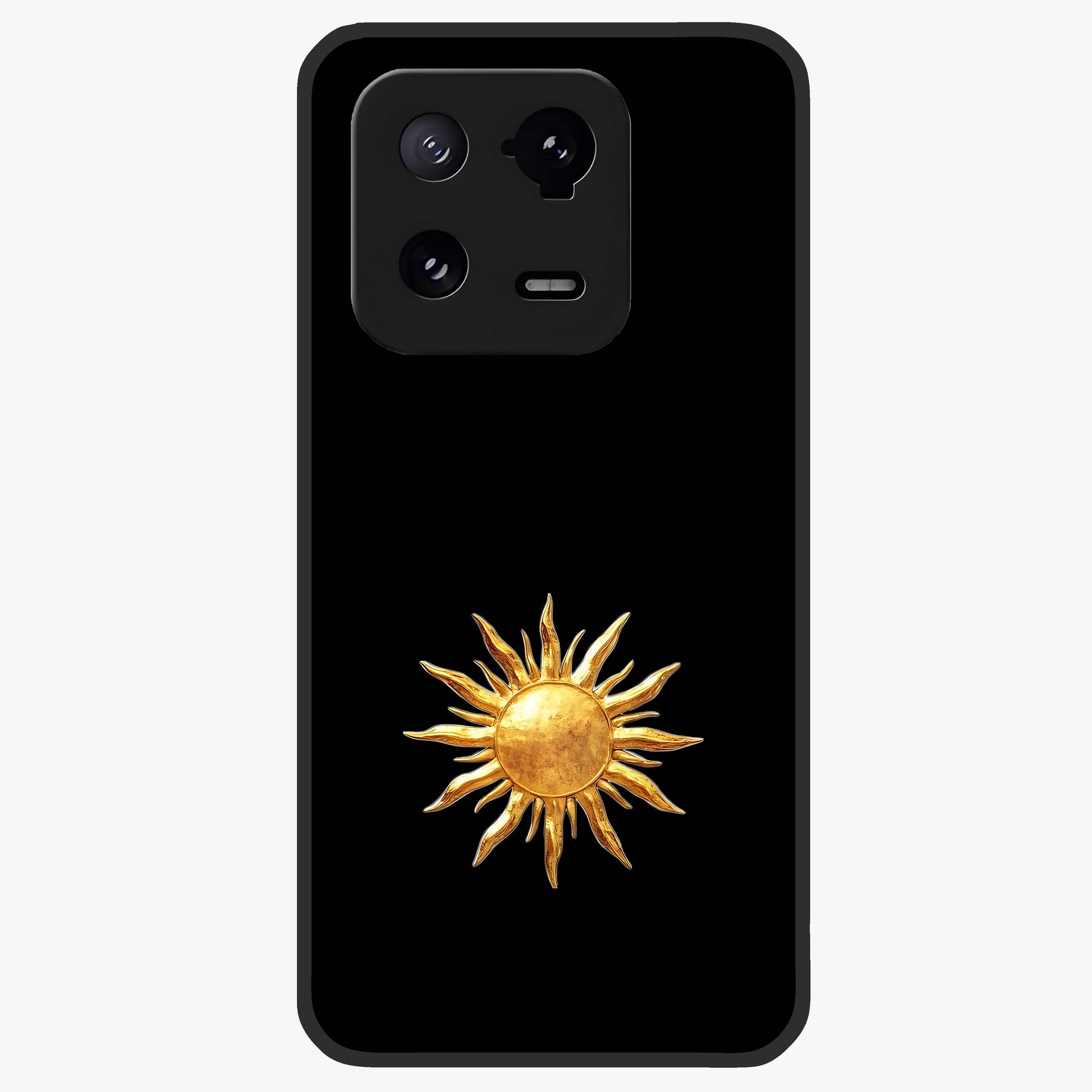 Golden Sun Minimalism Glass Case showing flat back view with minimal golden sun artwork and glossy glass finish.