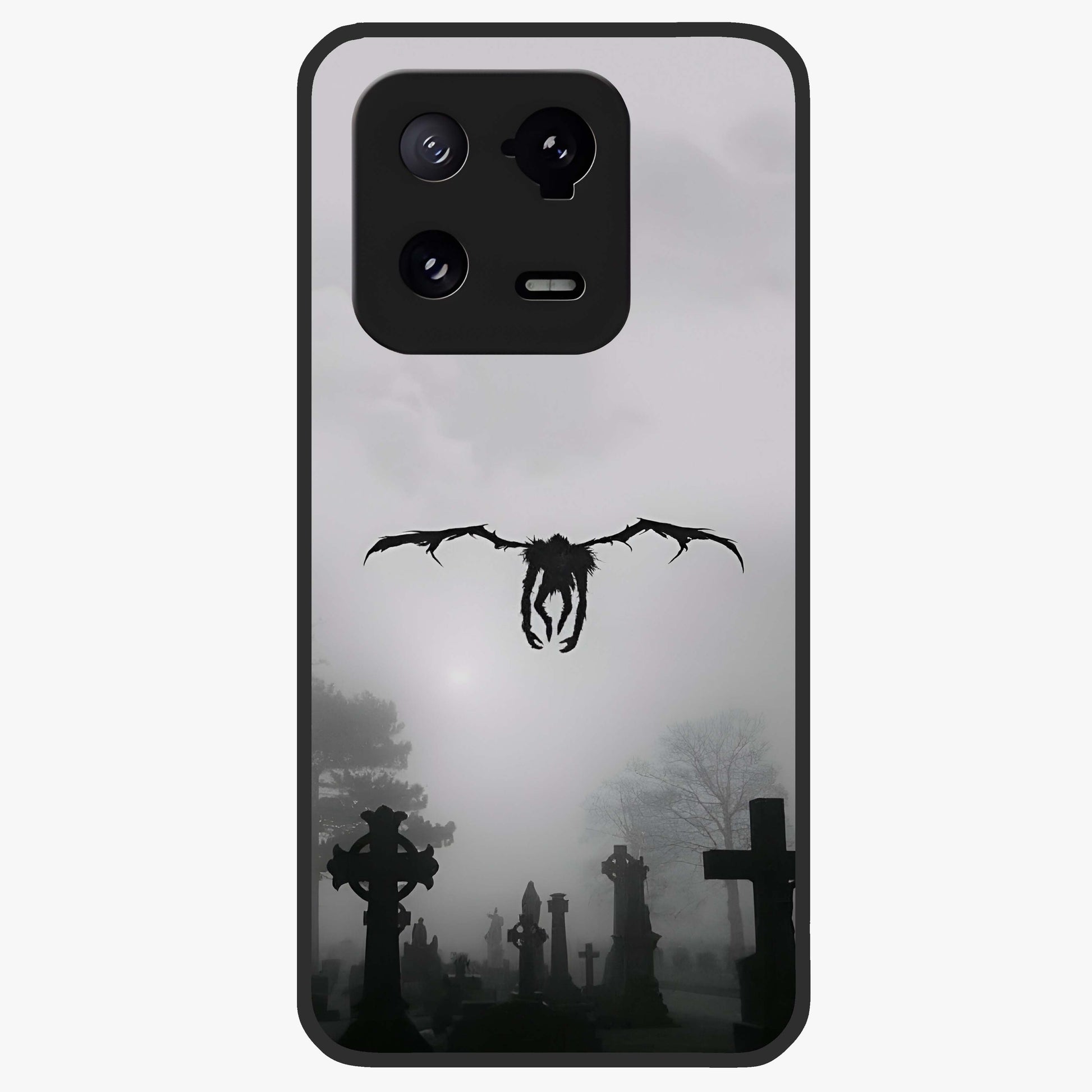 Graveyard Shadow Descent Glass Case showing flat back view with dark graveyard themed artwork and glossy glass finish.