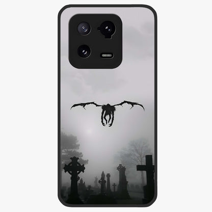 Graveyard Shadow Descent Glass Case showing flat back view with dark graveyard themed artwork and glossy glass finish.