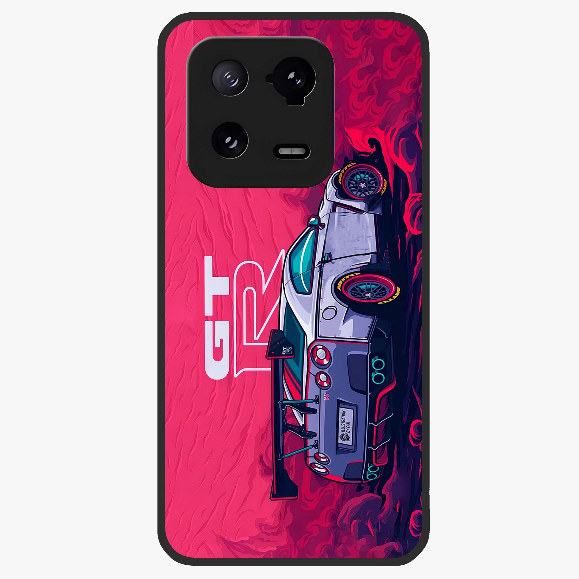 GT-R Car Pattern Glass Case showing flat back view with sporty car inspired pattern artwork and glossy glass finish.