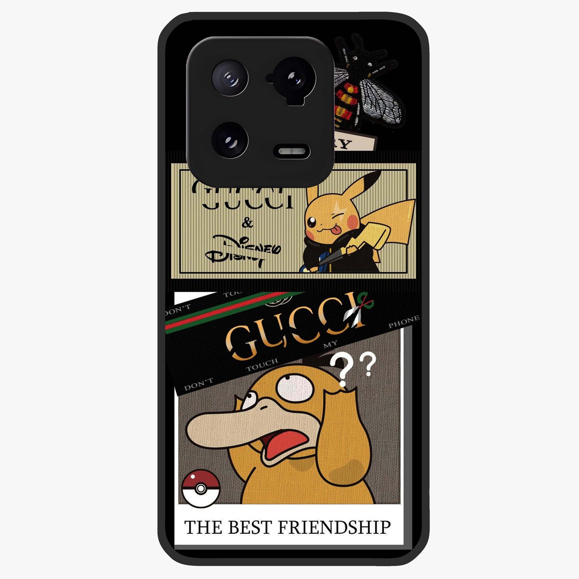 Gucci Play Mashup Glass Case showing flat back view with luxury inspired graphic artwork and glossy glass finish.