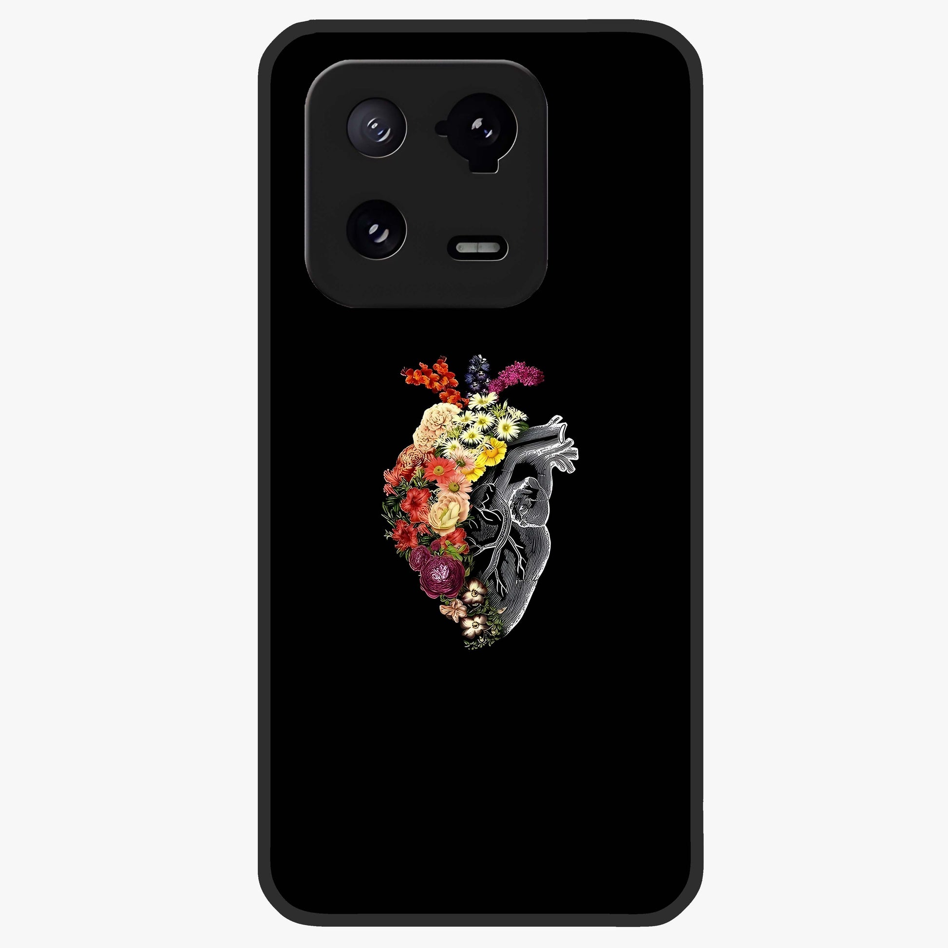 Heart With Flowers Glass Case showing flat back view with heart shaped floral artwork and glossy glass finish.