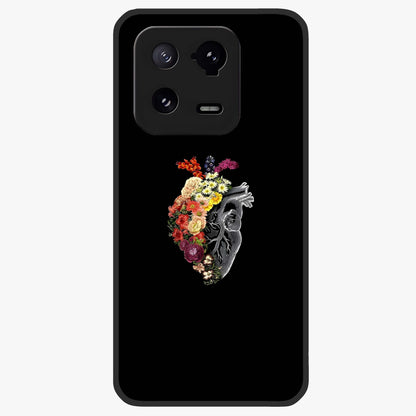 Heart With Flowers Glass Case showing flat back view with heart shaped floral artwork and glossy glass finish.