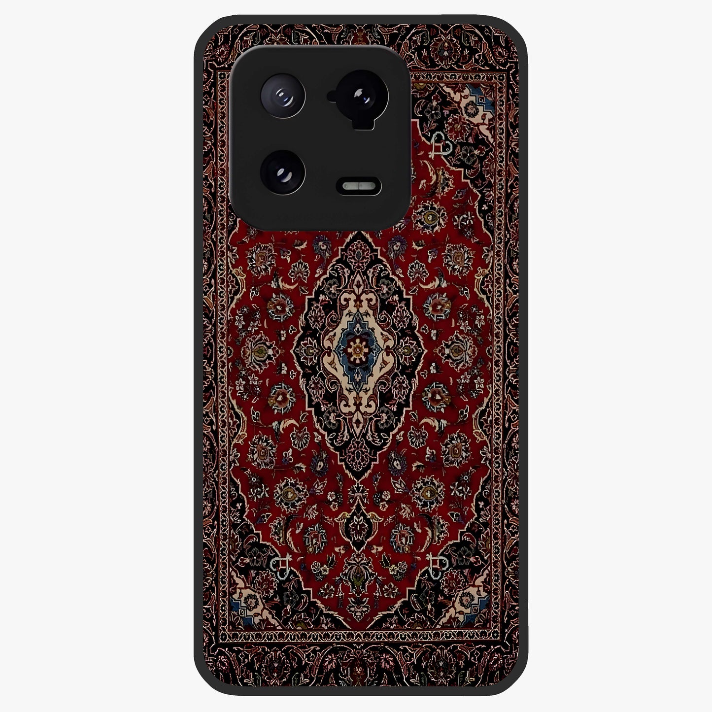 Heritage Carpet Royale Glass Case showing flat back view with ornate Persian carpet inspired pattern and glossy glass finish.