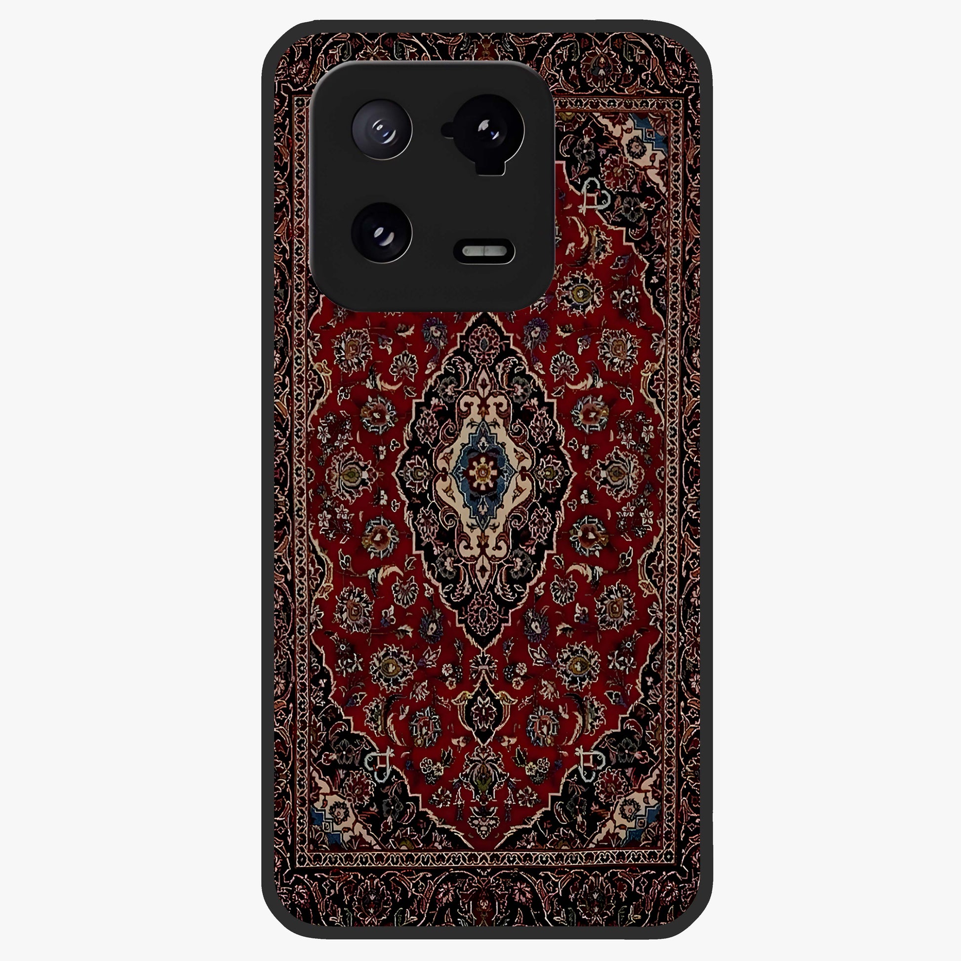 Heritage Carpet Royale Glass Case showing flat back view with ornate Persian carpet inspired pattern and glossy glass finish.