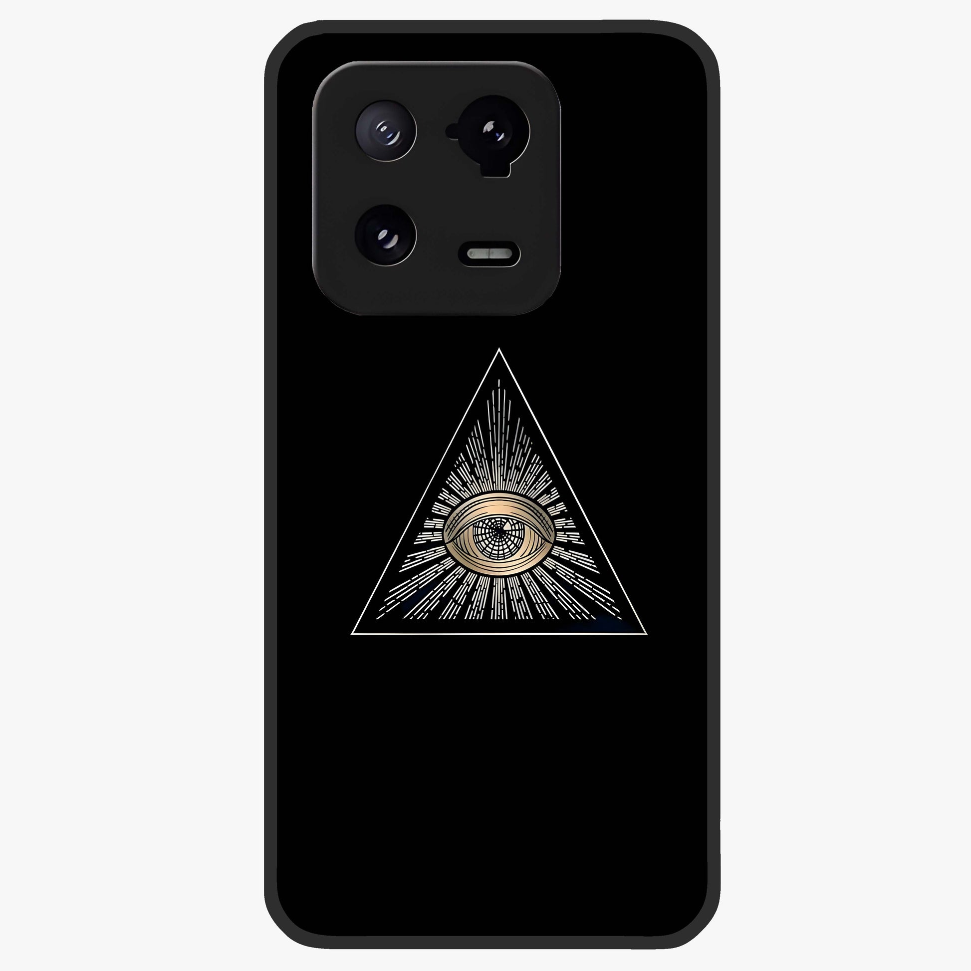 Illuminati Evil Glass Case showing flat back view with mysterious illuminati symbol artwork and glossy glass finish.