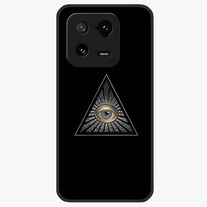 Illuminati Evil Glass Case showing flat back view with mysterious illuminati symbol artwork and glossy glass finish.