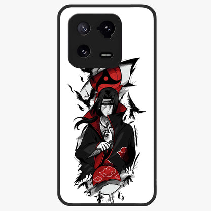 Itachi Sharingan Glass Case showing flat back view with powerful anime eye artwork and glossy glass finish.