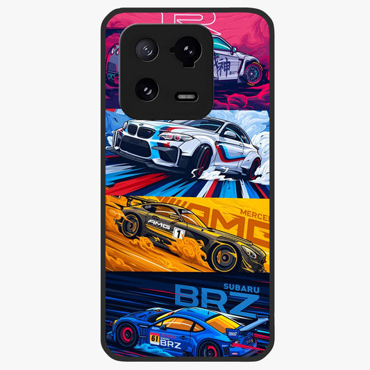 JDM Sports Car Glass Case showing flat back view with high performance sports car artwork and glossy glass finish.