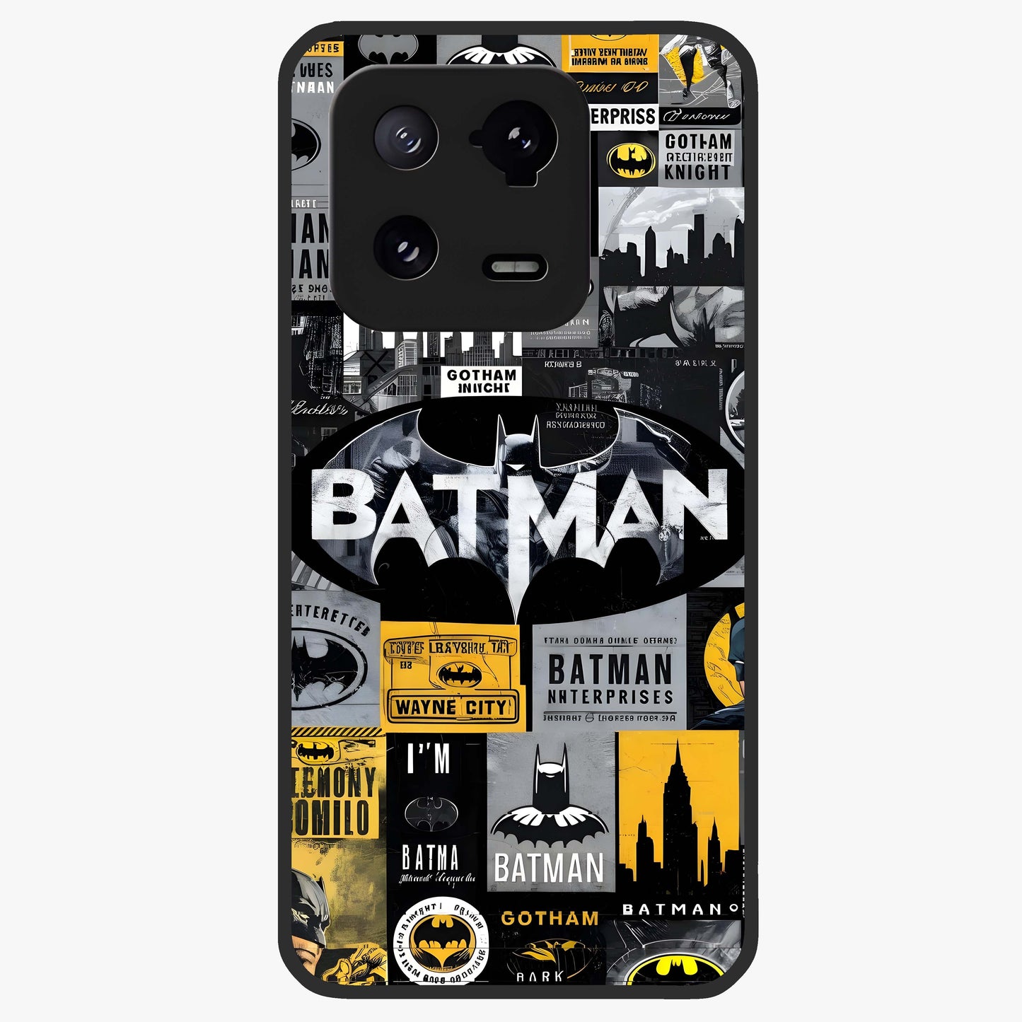 Knight Gotham Rise Glass Case showing flat back view with dark hero inspired artwork and glossy glass finish.