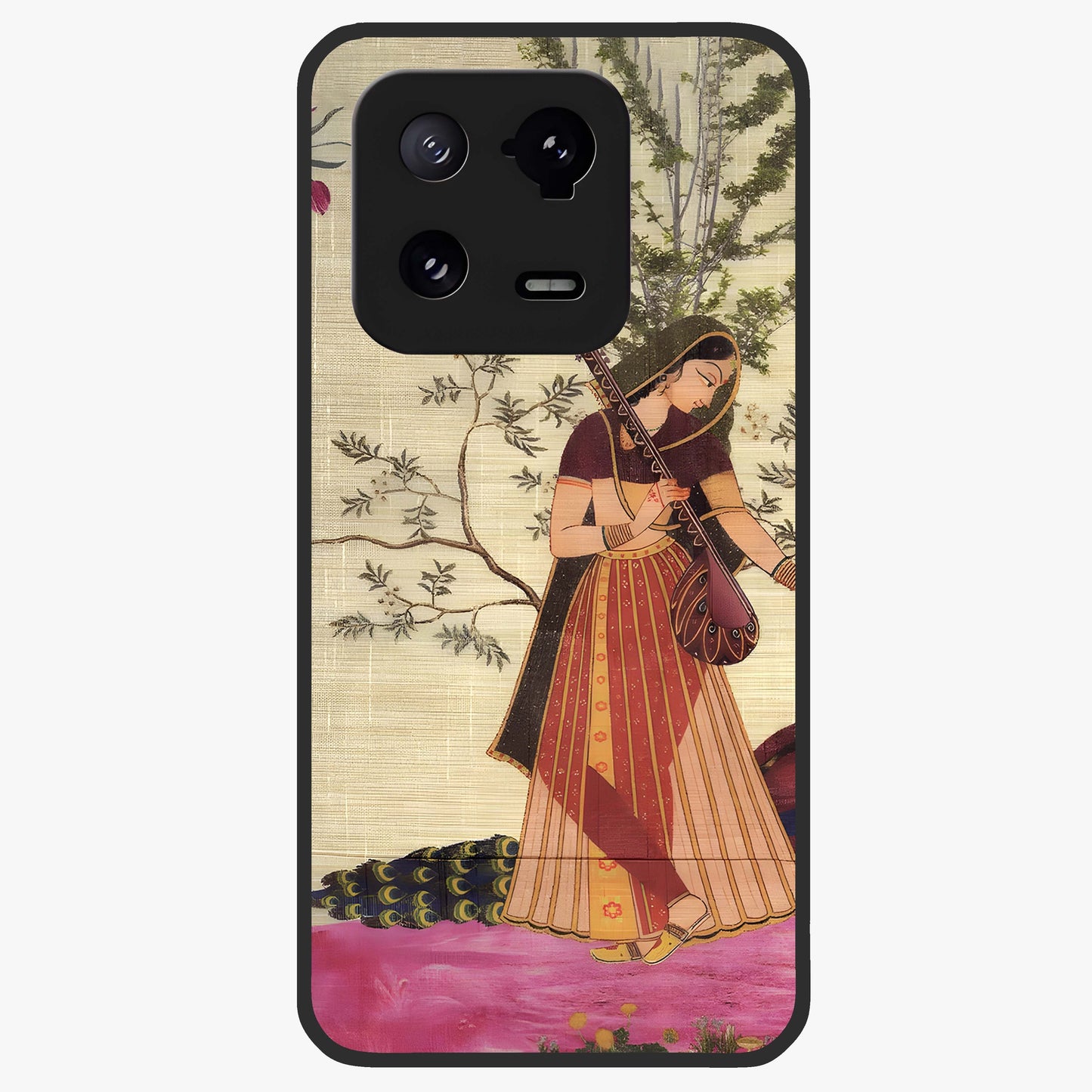Lady With Veena Art Glass Case showing flat back view with elegant woman playing veena artwork and glossy glass finish.