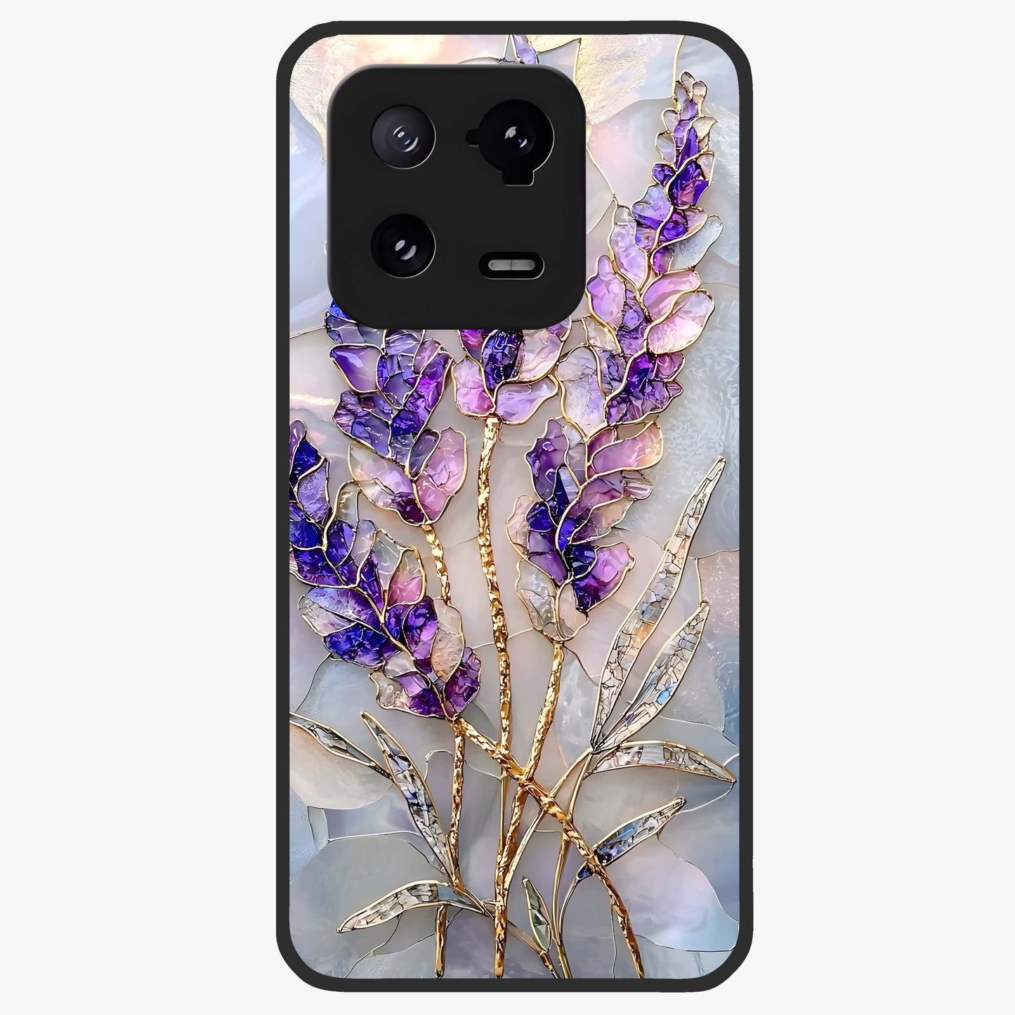 Lavender Dream Glow Glass Case showing flat back view with glowing lavender aesthetic artwork and glossy glass finish.