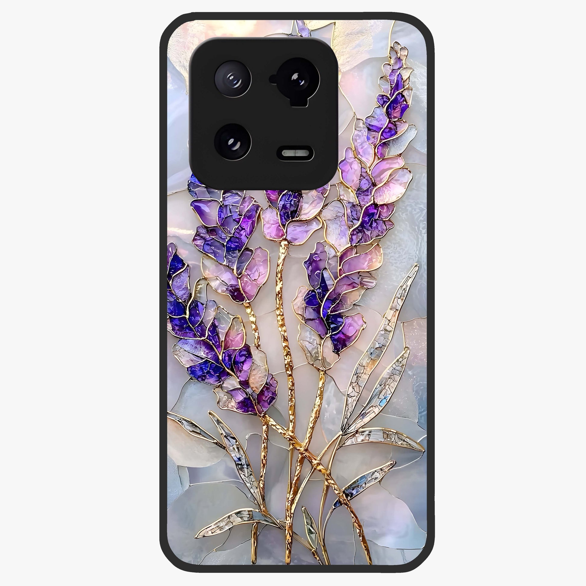 Lavender Dream Glow Glass Case showing flat back view with glowing lavender aesthetic artwork and glossy glass finish.