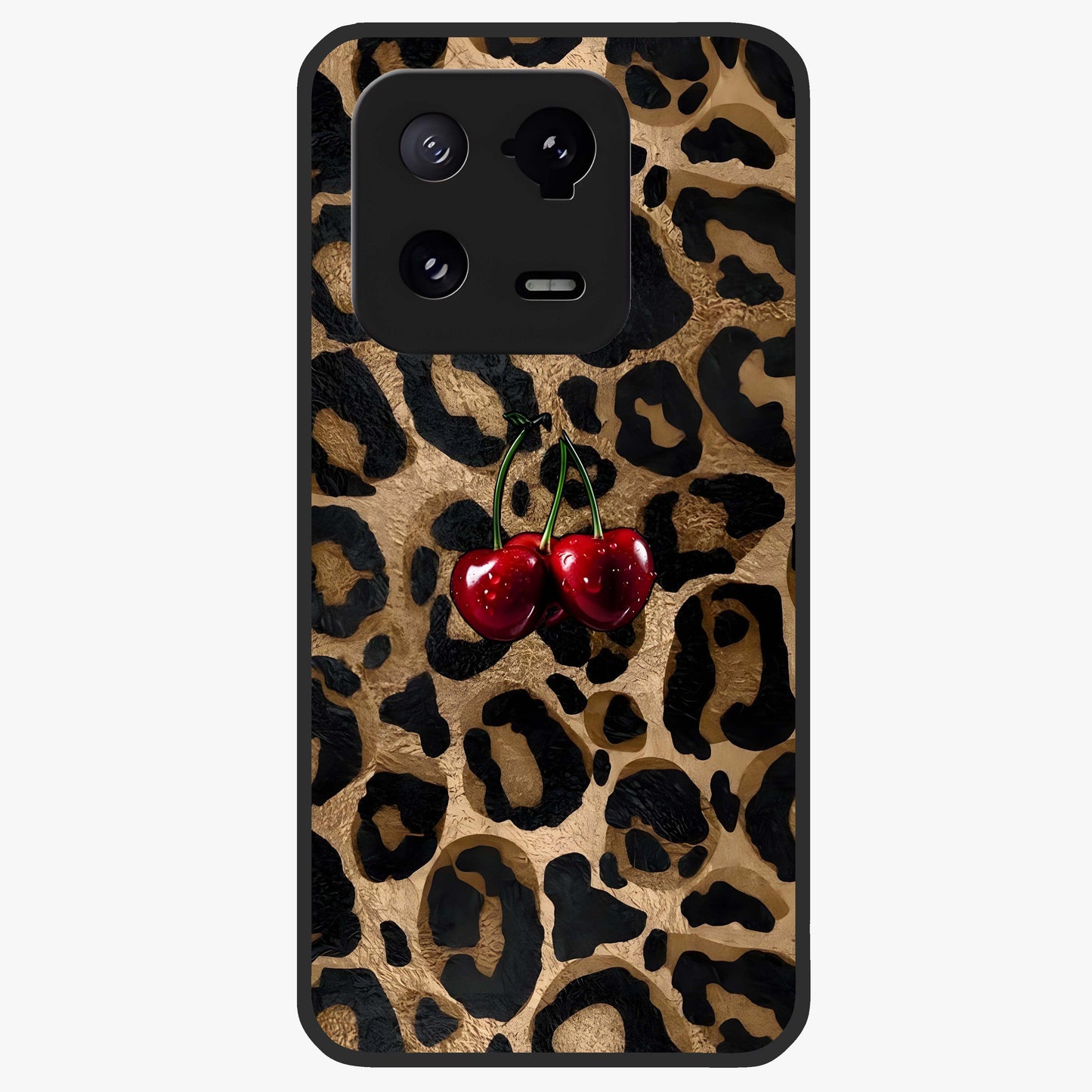 Leopard Wild Cherry Glass Case showing flat back view with leopard pattern and cherry artwork and glossy glass finish.