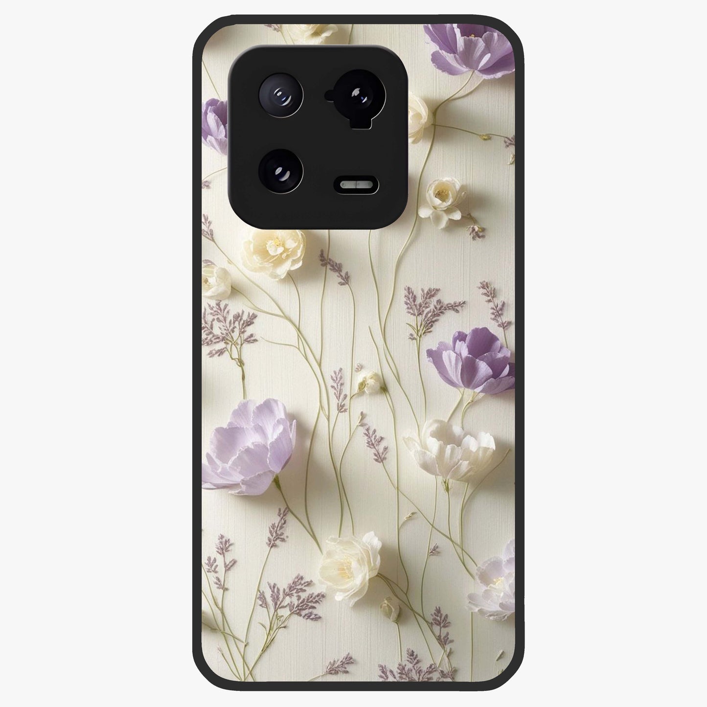 Lilac Breeze Harmony Glass Case showing flat back view with soft lilac themed artwork and glossy glass finish.