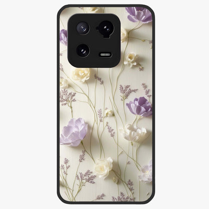 Lilac Breeze Harmony Glass Case showing flat back view with soft lilac themed artwork and glossy glass finish.