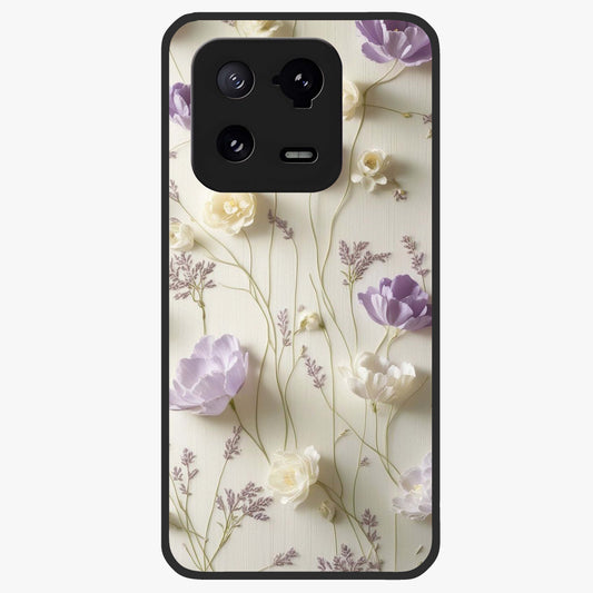Lilac Breeze Harmony Glass Case showing flat back view with soft lilac themed artwork and glossy glass finish.