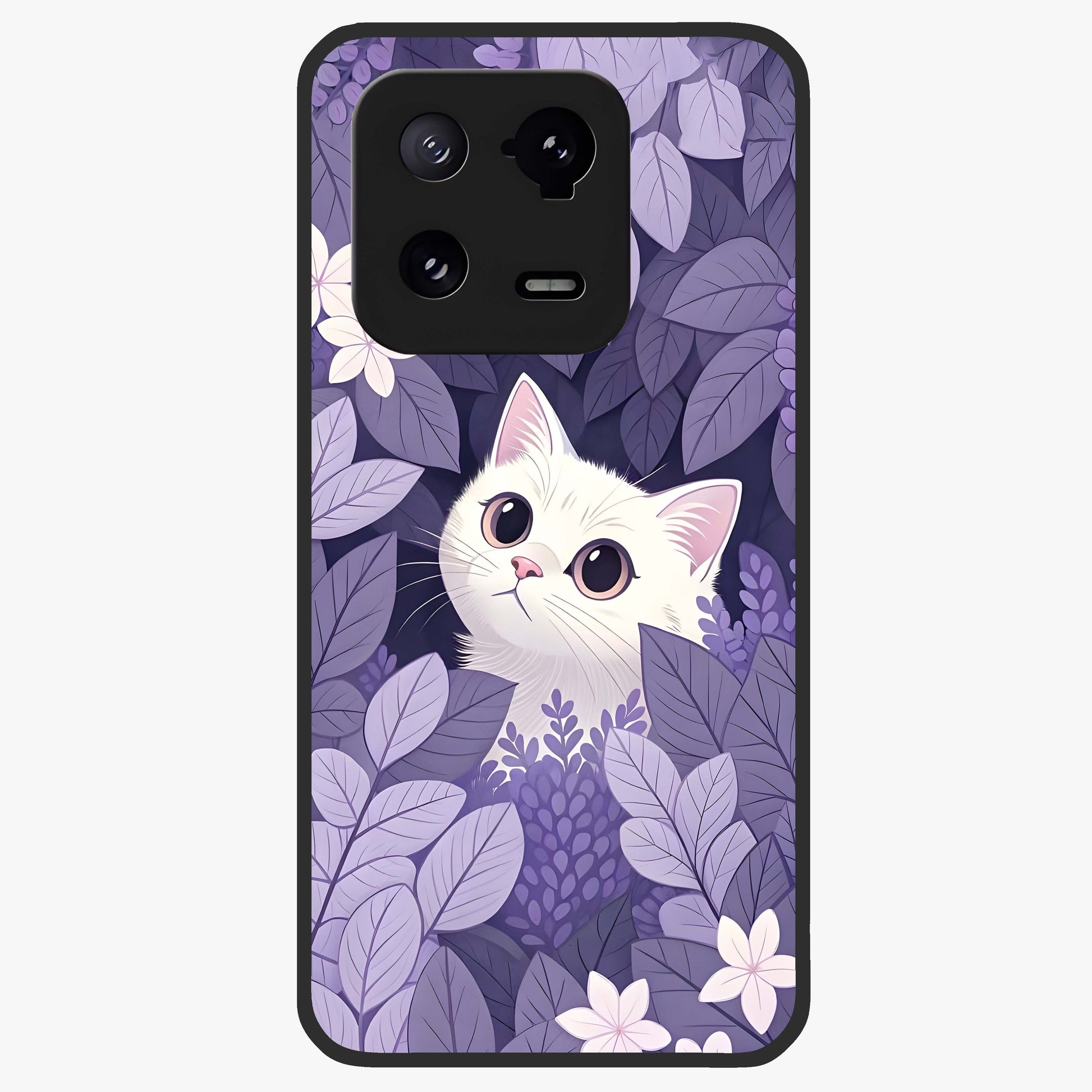 Lilac Hide Peek Cat Glass Case showing flat back view with cute peeking cat artwork and glossy glass finish.