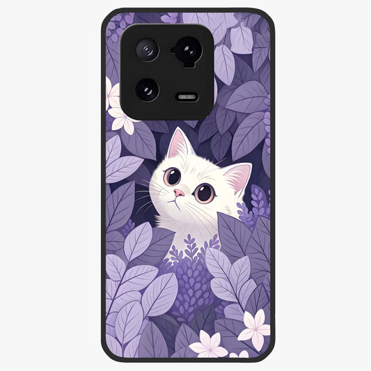 Lilac Hide Peek Cat Glass Case showing flat back view with cute peeking cat artwork and glossy glass finish.