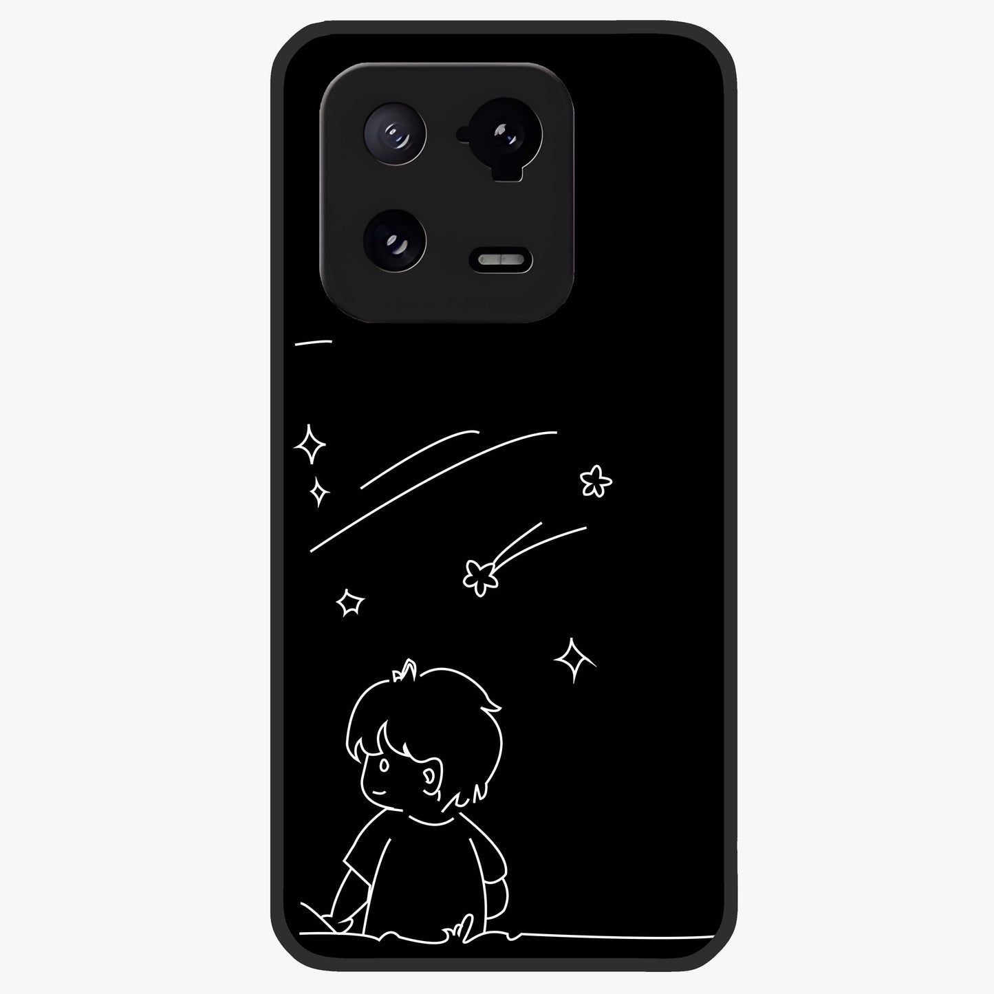 Line Art Boy With Shooting Stars Glass Case showing flat back view with minimal line art boy and shooting stars illustration and glossy glass finish.