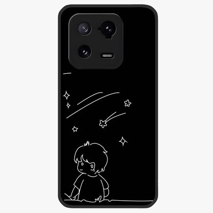 Line Art Boy With Shooting Stars Glass Case showing flat back view with minimal line art boy and shooting stars illustration and glossy glass finish.