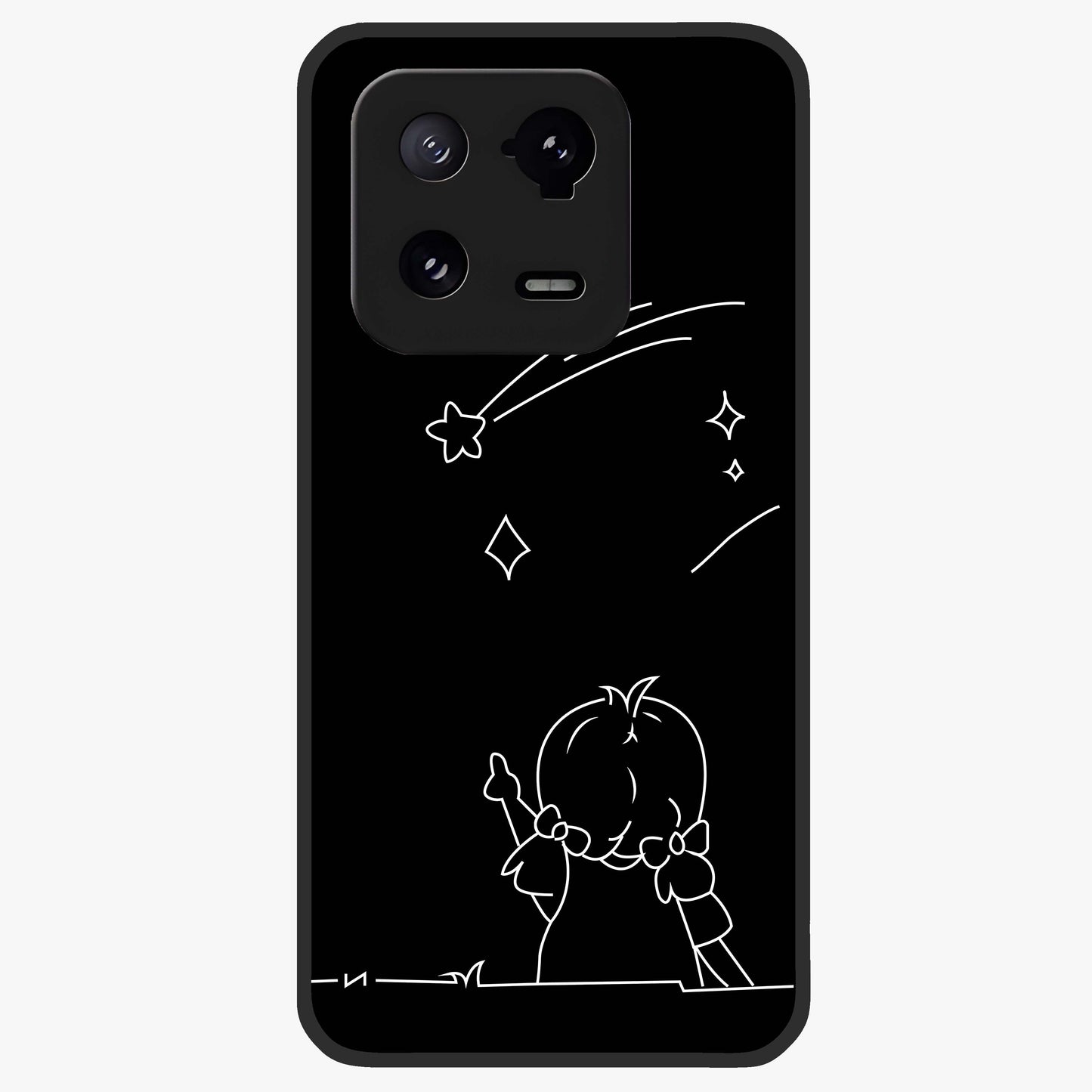 Line Art Girl With Shooting Stars Glass Case showing flat back view with minimal line art girl and shooting stars illustration and glossy glass finish.